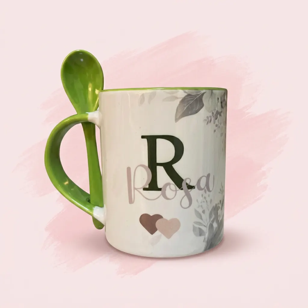Caneca personalizada Rosa com colher verde